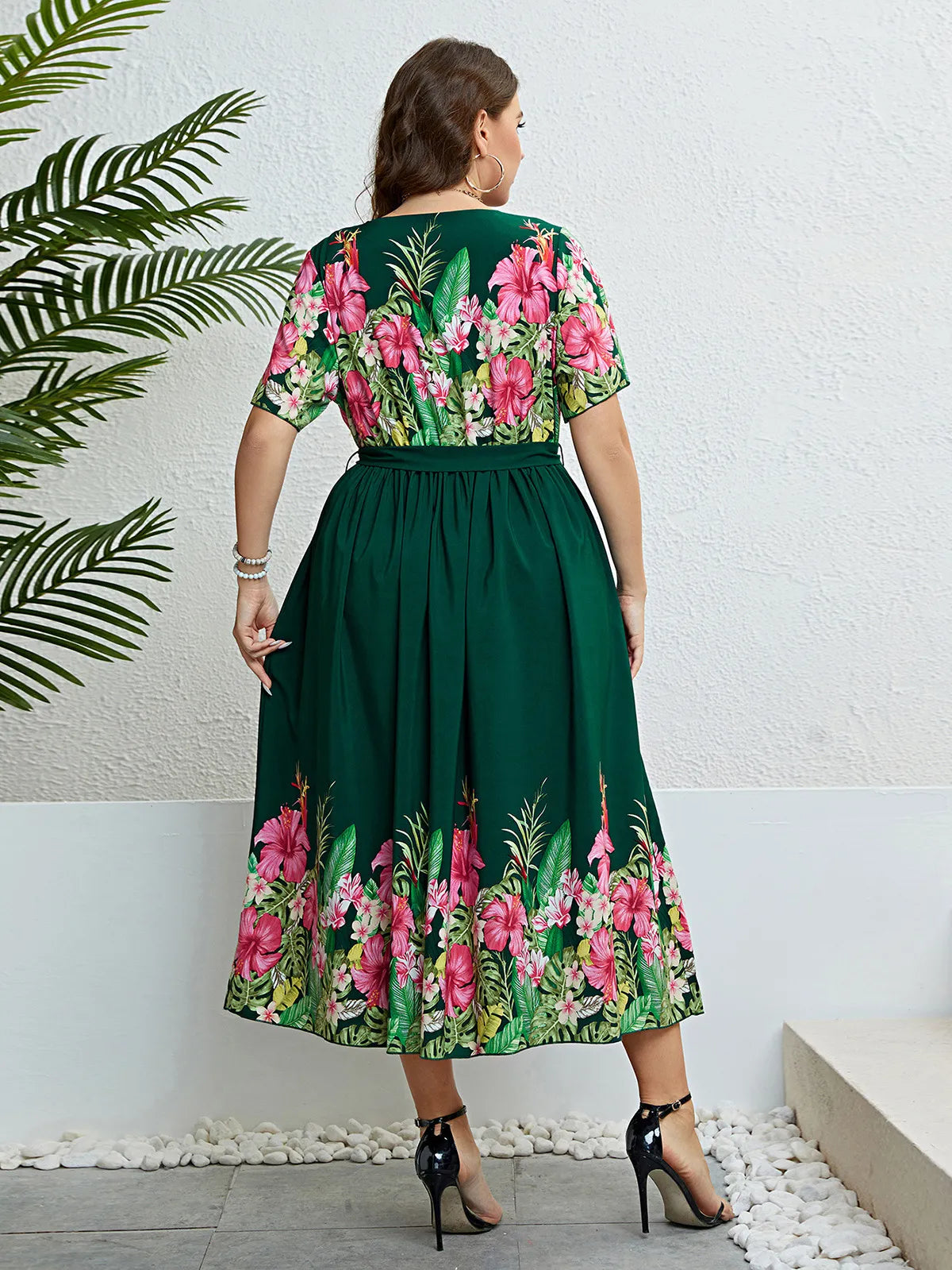 Damen Sommerkleid Grün mit Print, A-Linie und Schnürung – Rundhals Style