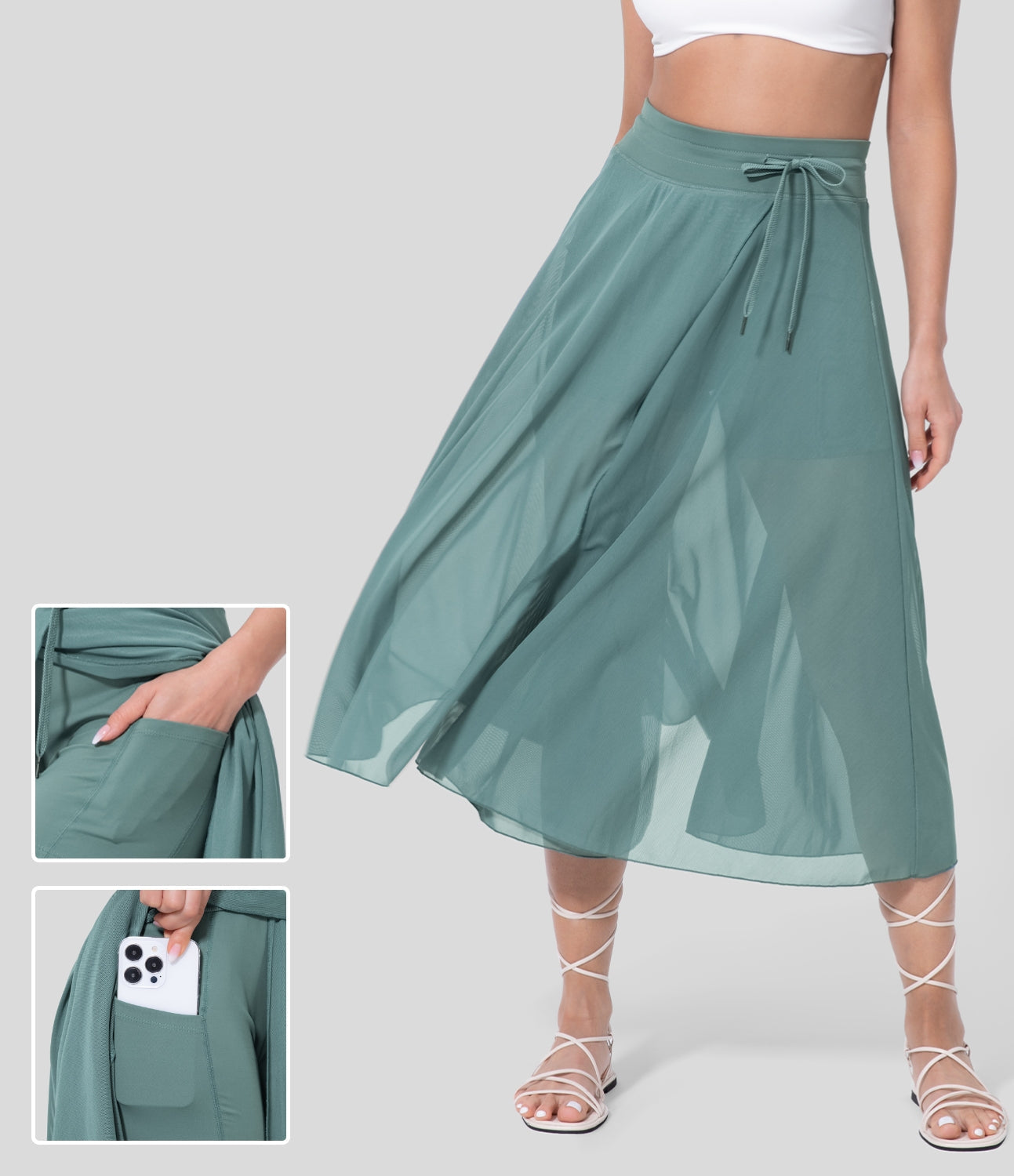 Damen Maxirock in Grün mit hoher Taille, Kordelzug und versteckter Handytasche. Perfekt für Sommermode und Freizeitoutfits.