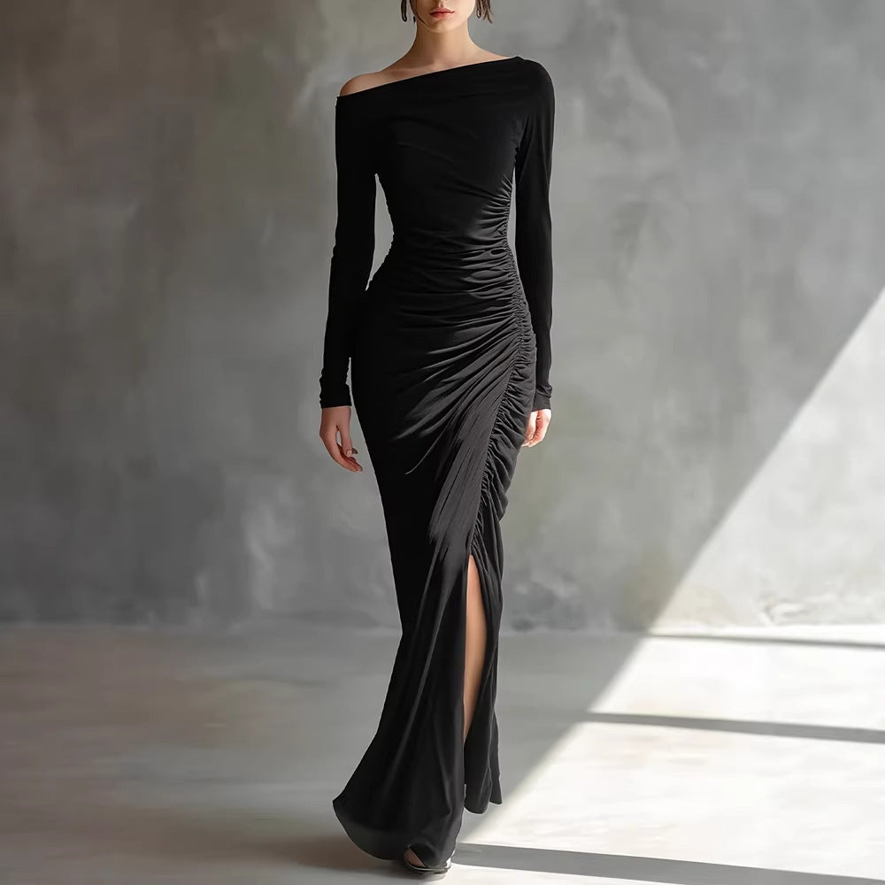 Damen Maxikleid mit Wasserfallausschnitt – Wickeloptik Figurbetonte Silhouette