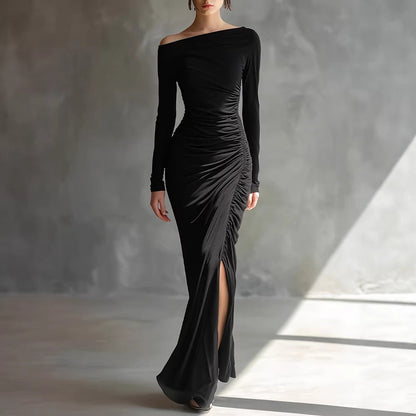 Damen Maxikleid mit Wasserfallausschnitt – Wickeloptik Figurbetonte Silhouette