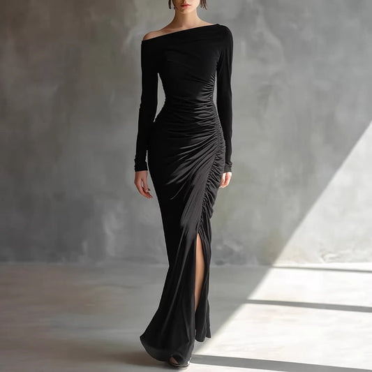 Damen Maxikleid mit Wasserfallausschnitt – Wickeloptik Figurbetonte Silhouette