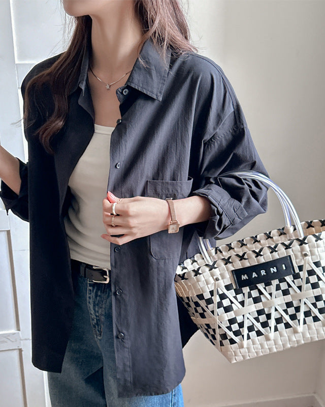 Women's Long-Sleeve Shirt in Solid Color with Loose Fit and Extended Size Options