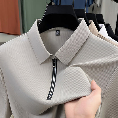 Herren Sommer Eisseide Halbreißverschluss Kurzarm Slim Fit Business Polohemd Stretch Unifarben
