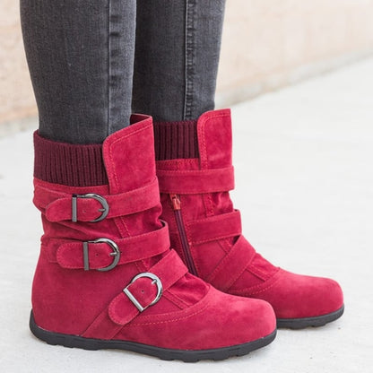 Damen Winterstiefel Mit Rundem Zeh, Flachem Absatz Und Riemen-Schnallen-Design