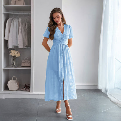Sommer-Maxikleid Für Damen Mit Tiefem V-Ausschnitt, Kurzen Ärmeln Und Faltenrock