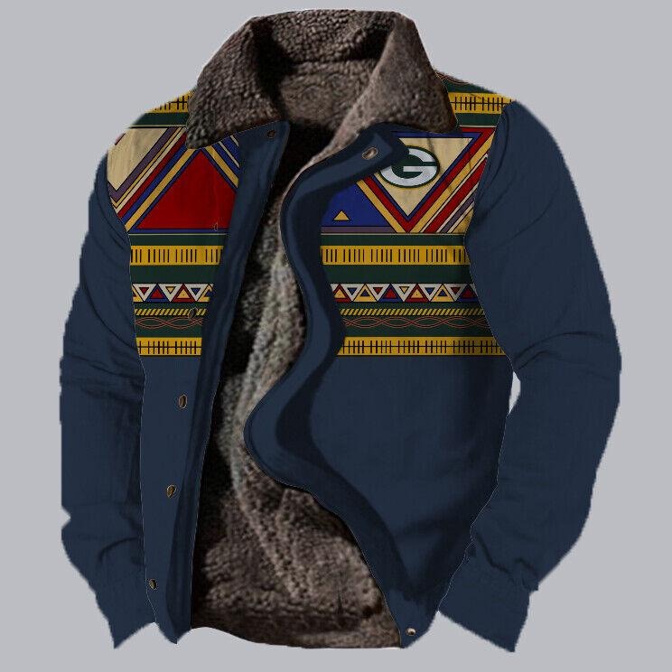 Bunte Herrenjacke mit Ethno-Muster, blauem Stoff und warmem Futter. Ideal für Herbstmode, stilvoll und funktional.
