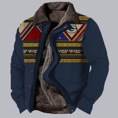 Bunte Herrenjacke mit Ethno-Muster, blauem Stoff und warmem Futter. Ideal für Herbstmode, stilvoll und funktional.