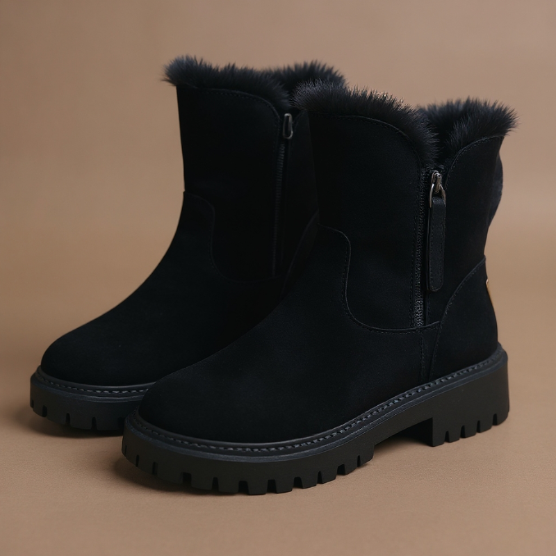 Damen Winterstiefel aus Veloursleder mit Kunstfell-Futter, seitlichem Reißverschluss und rutschfester Sohle