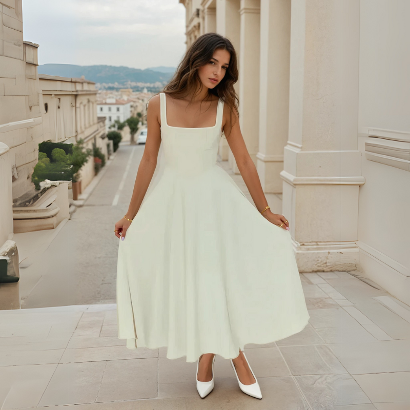 Women's mid-length dress with square neckline, V-shaped waist, and built-in cups