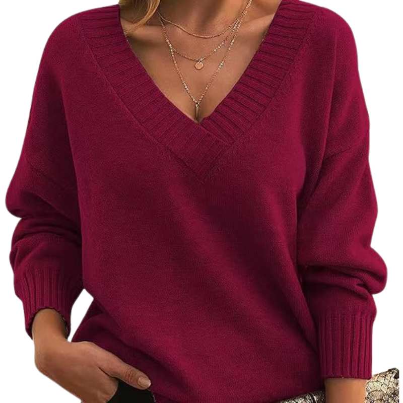 Damen Pullover in Weinrot, V-Ausschnitt, langärmlig, weiches Strickmaterial, modisch, ideal für Herbst und Winter, lässiger Stil.