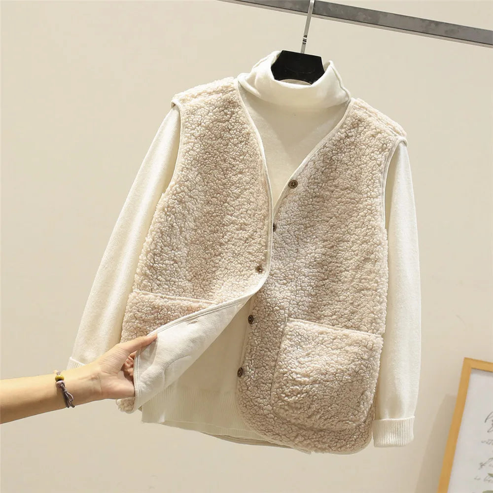 Damen Teddyfell-Weste in Beige über weißem Rollkragenpullover, modisch und warm, ideal für Herbst- und Winteroutfits, mit Knöpfen und Taschen.