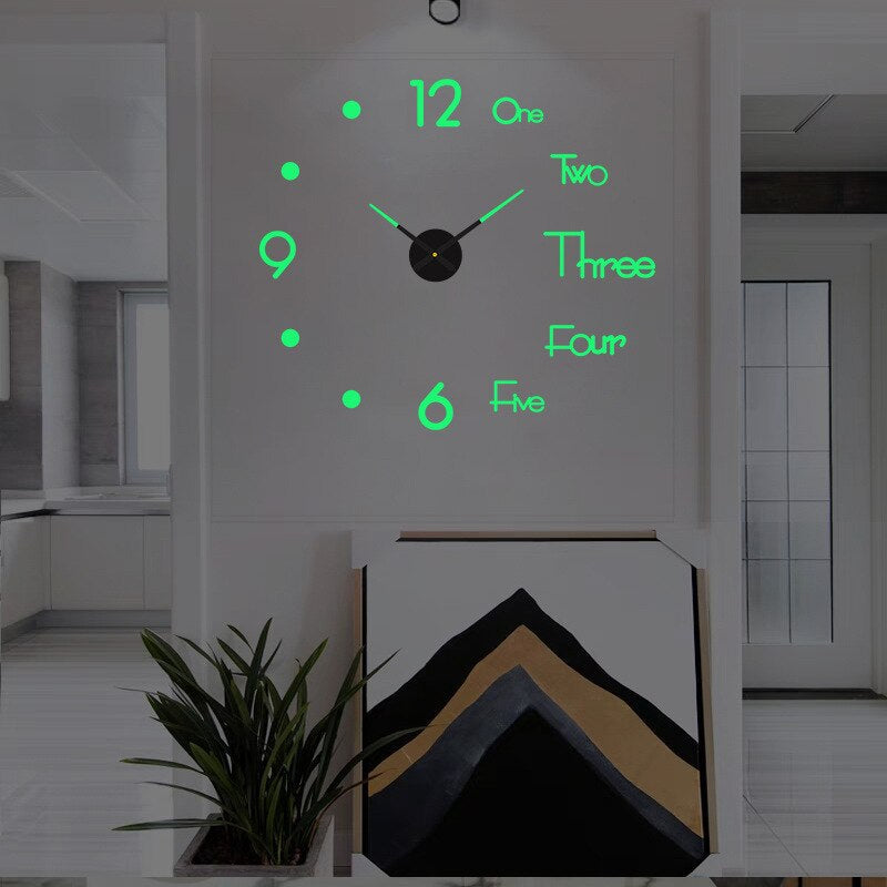 Leuchtende Wanduhr mit grünen Zahlen und Zeigern, modernes Design, dekoriert ein stilvolles Wohnzimmer. Perfekt für zeitgenössische Inneneinrichtung.