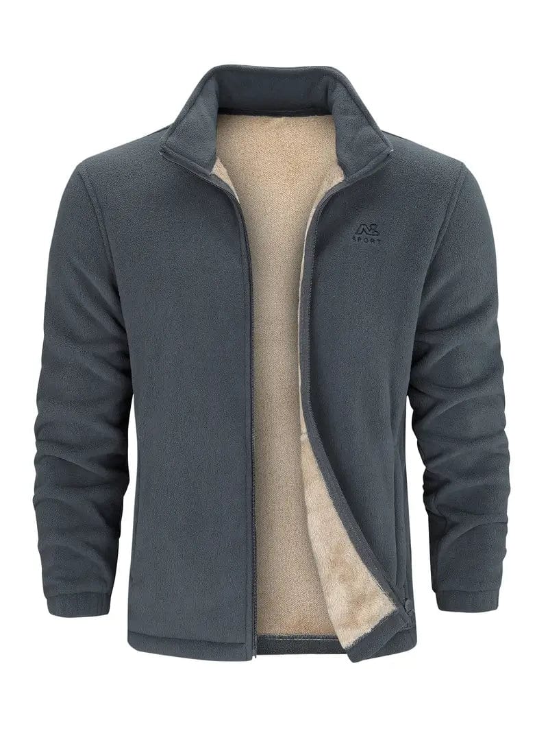 Dunkelgraue Herren-Fleecejacke mit Reißverschluss, Stehkragen und beigem Innenfutter. Ideal für Outdoor-Aktivitäten und kühle Temperaturen.