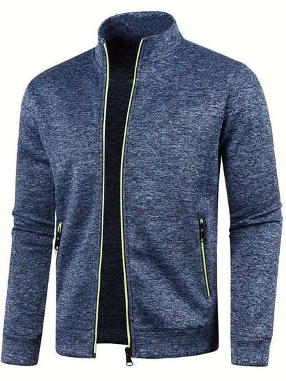 Dunkelblaue Herren-Sweatjacke mit Reißverschluss, Stehkragen und seitlichen Taschen. Modische Freizeitjacke aus Baumwollmischung.