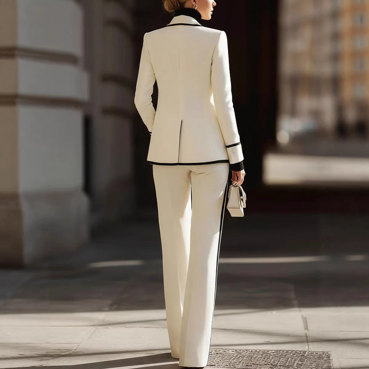 Damen-Set: Langärmliger, Zweireihiger Blazer Und Lange Hose – Farbblock-Design