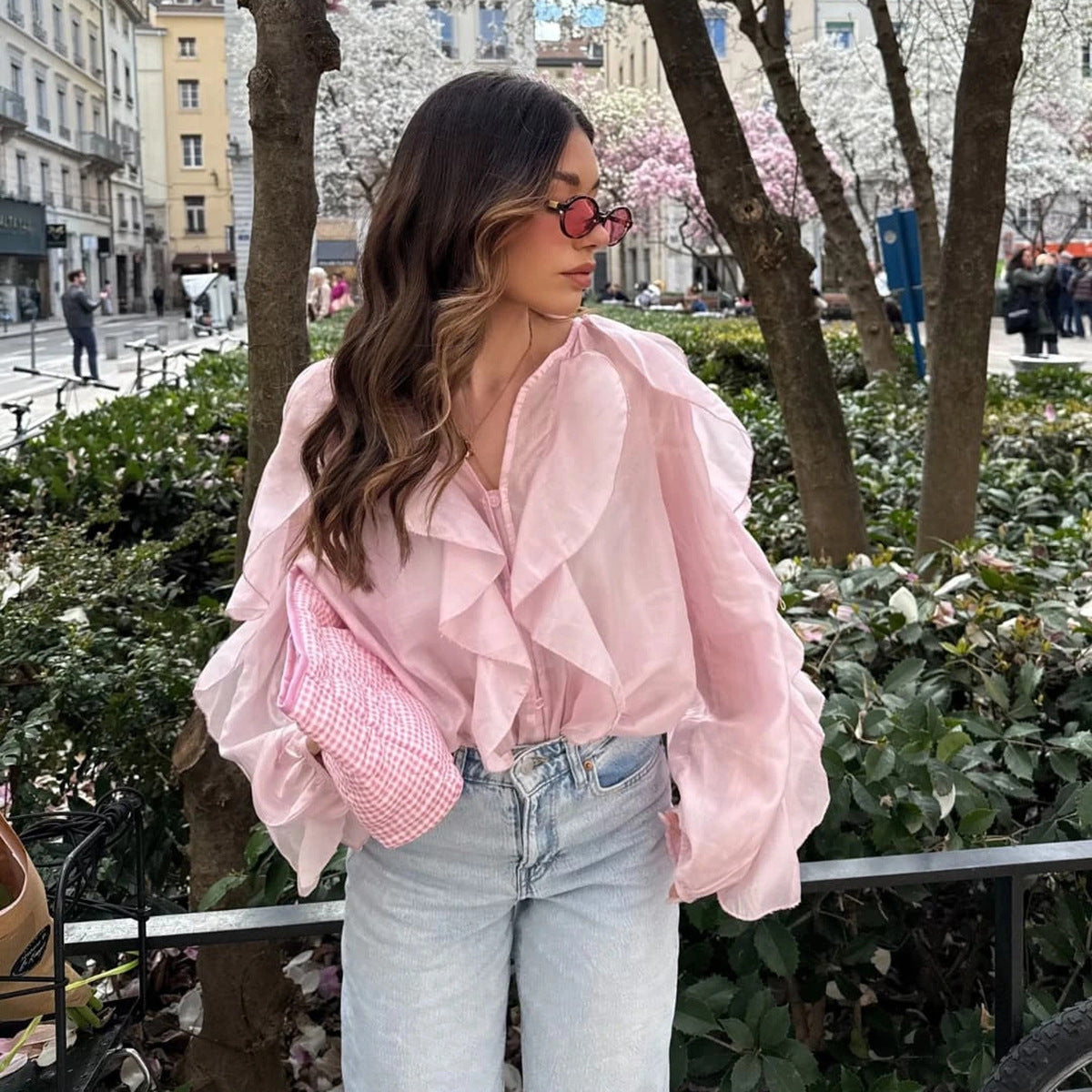 Women's Long-Sleeve Blouse with Ruffles, Loose Fit and Round Neckline