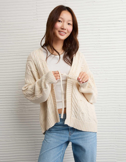 Damen Zopfmuster Strickjacke Mit Offener Vorderseite Und Geripptem Saum
