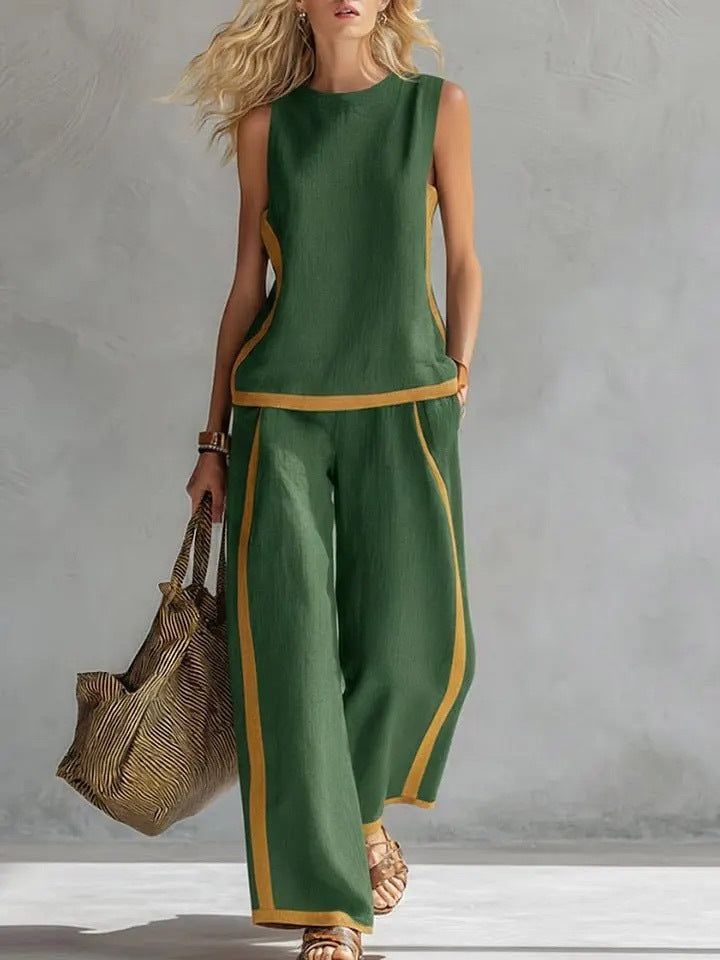 Ärmelloses Damen-Top Mit Rundhalsausschnitt Und Hochgeschnittener, Weit Geschnittener Hose – Farbblock-Design
