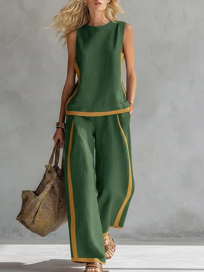 Ärmelloses Damen-Top Mit Rundhalsausschnitt Und Hochgeschnittener, Weit Geschnittener Hose – Farbblock-Design