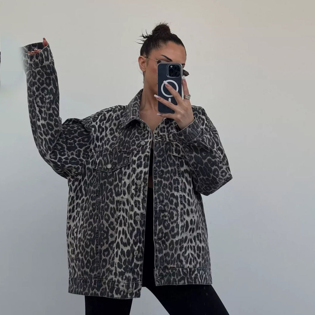 Women's denim-mix jacket with leopard print and long sleeves