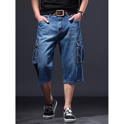 Herren-Jeans-Caprihose, Lockere Passform, Mehrere Taschen, Gerades Bein