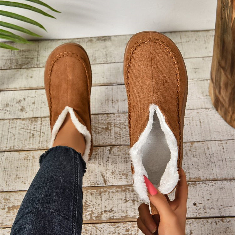 Damen Winter Stiefeletten mit V Ausschnitt und flacher Sohle – Leder Look