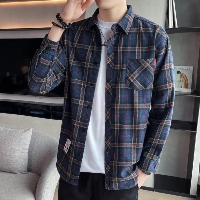 Long-sleeved checked men's shirt for spring with a slim fit