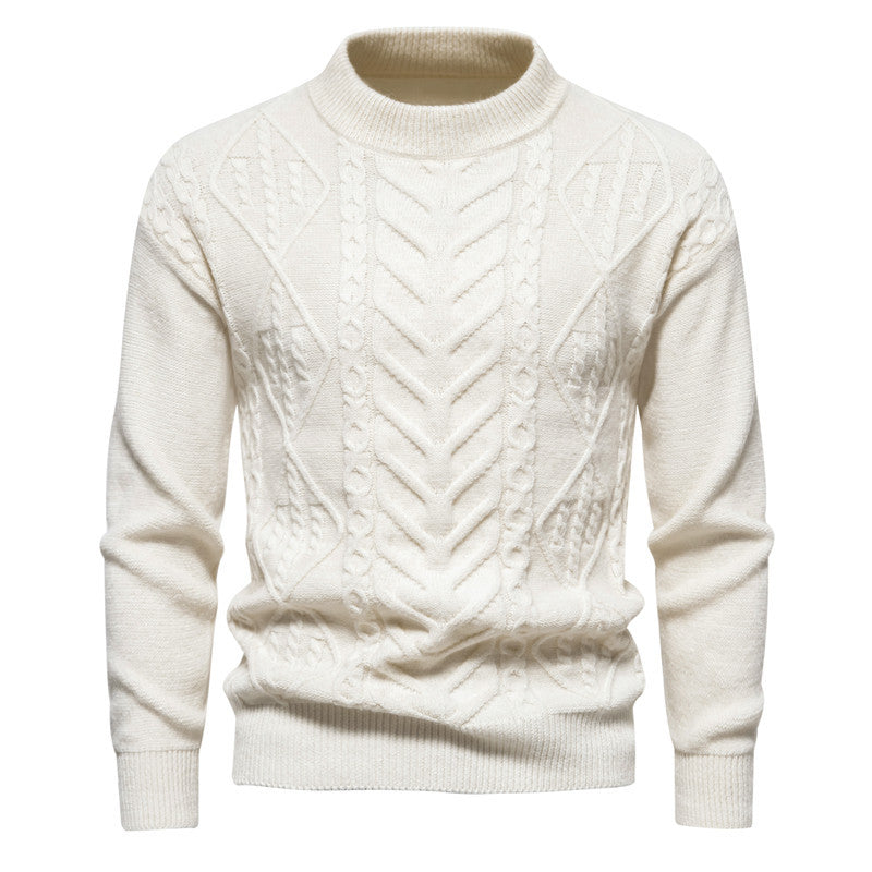 Weißer Strickpullover mit Zopfmuster, Rundhalsausschnitt und langen Ärmeln. Modischer Herrenpullover, ideal für Herbst und Winter.