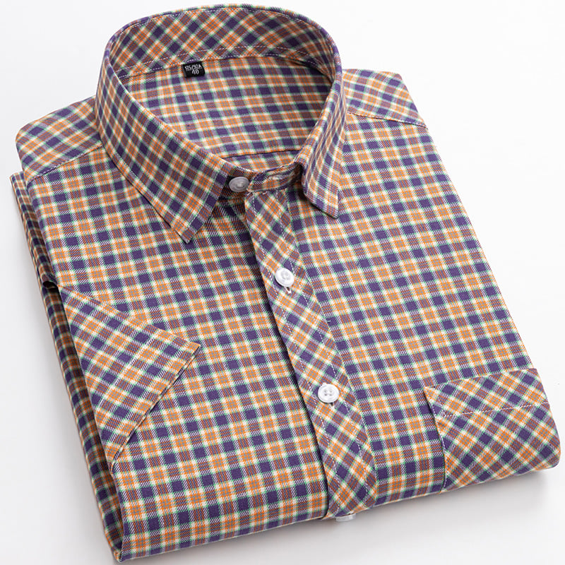 Men's Short-Sleeve Shirt with Check Pattern and Button Placket – Cotton Blend