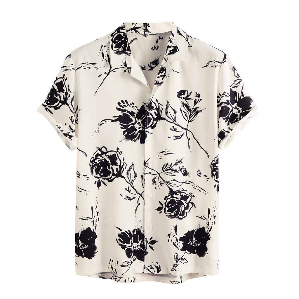 Herren Sommer Hemd mit Blumenmuster – Kurzarm Schmale Passform Knopfleiste