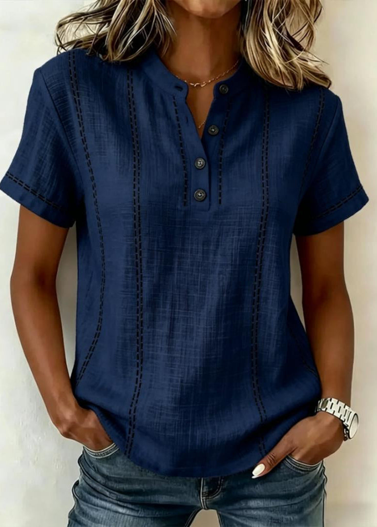 Gestreifte Damenbluse Mit Kurzen Ärmeln, Stehkragen, V-Ausschnitt Und Knopfleiste – Patchwork-Design