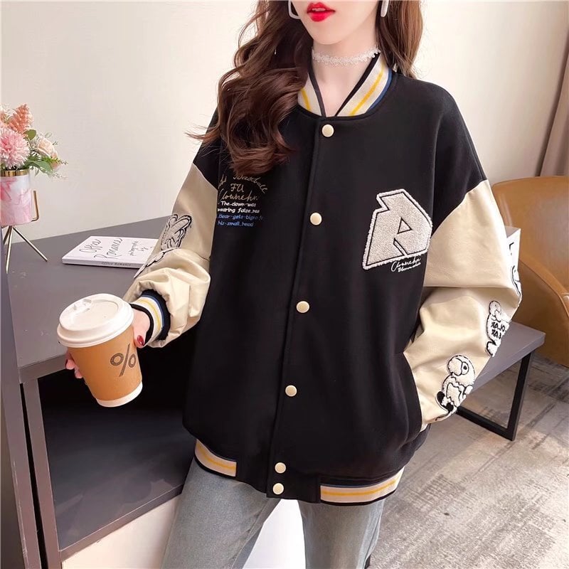 Damen-Baseballjacke mit Cartoon-Print und langen Ärmeln