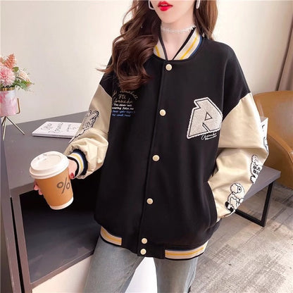 Damen-Baseballjacke mit Cartoon-Print und langen Ärmeln