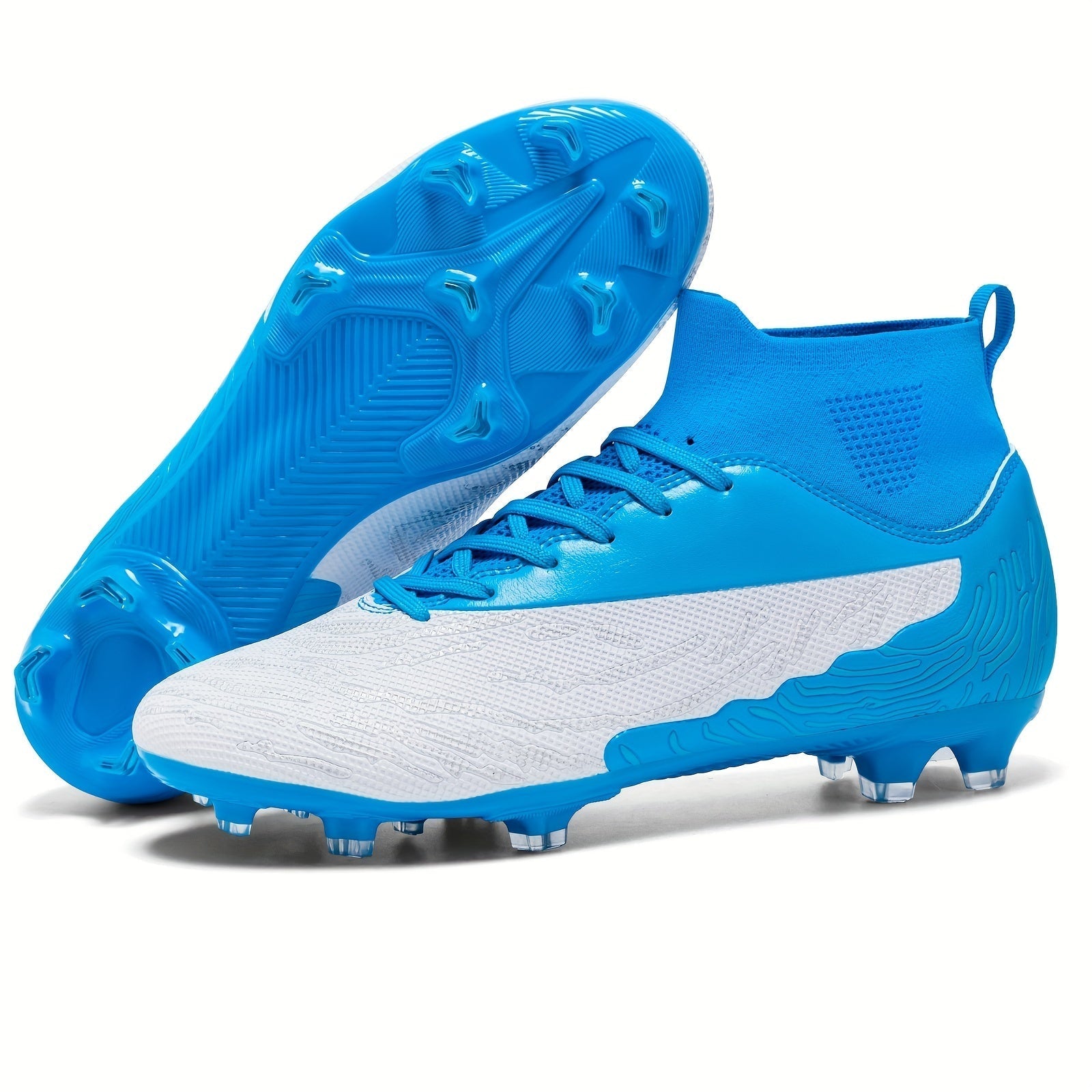 Blaue und weiße Fußballschuhe mit Stollen, modernes Design, ideal für Rasenplätze, sportliche Performance, Herren-Fußballschuhe, hohe Knöchelunterstützung.