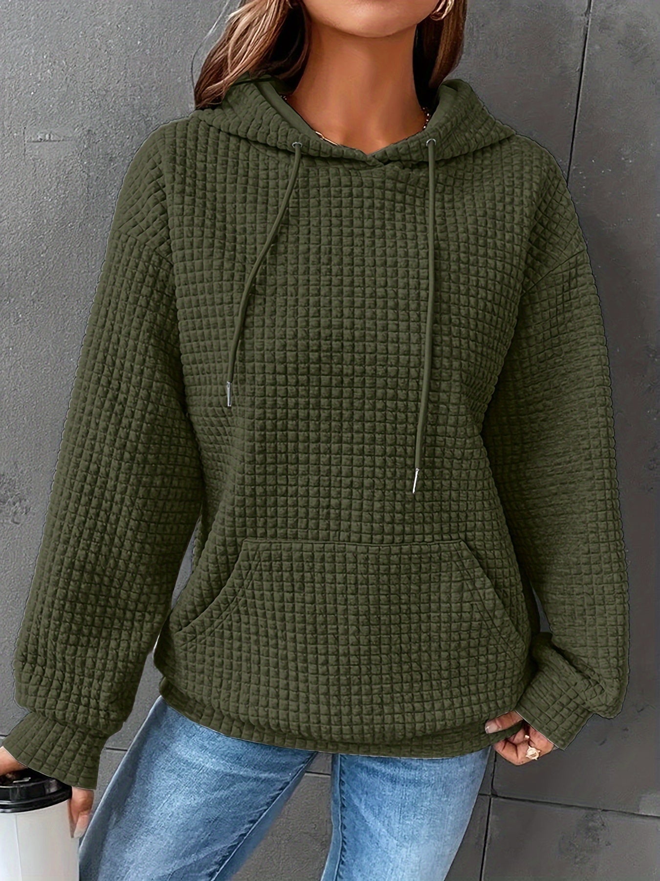 Damen Hoodie Waffelstrick Textur Kordelzug Kängurutasche
