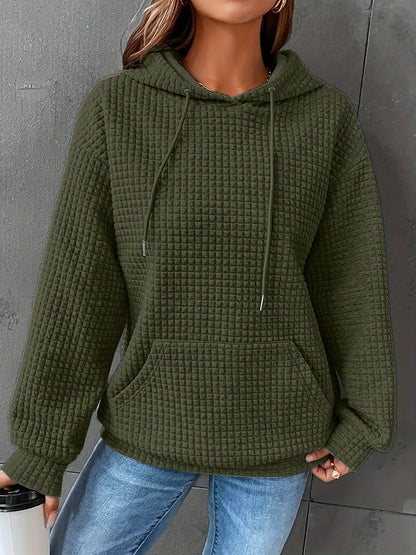Damen Hoodie Waffelstrick Textur Kordelzug Kängurutasche