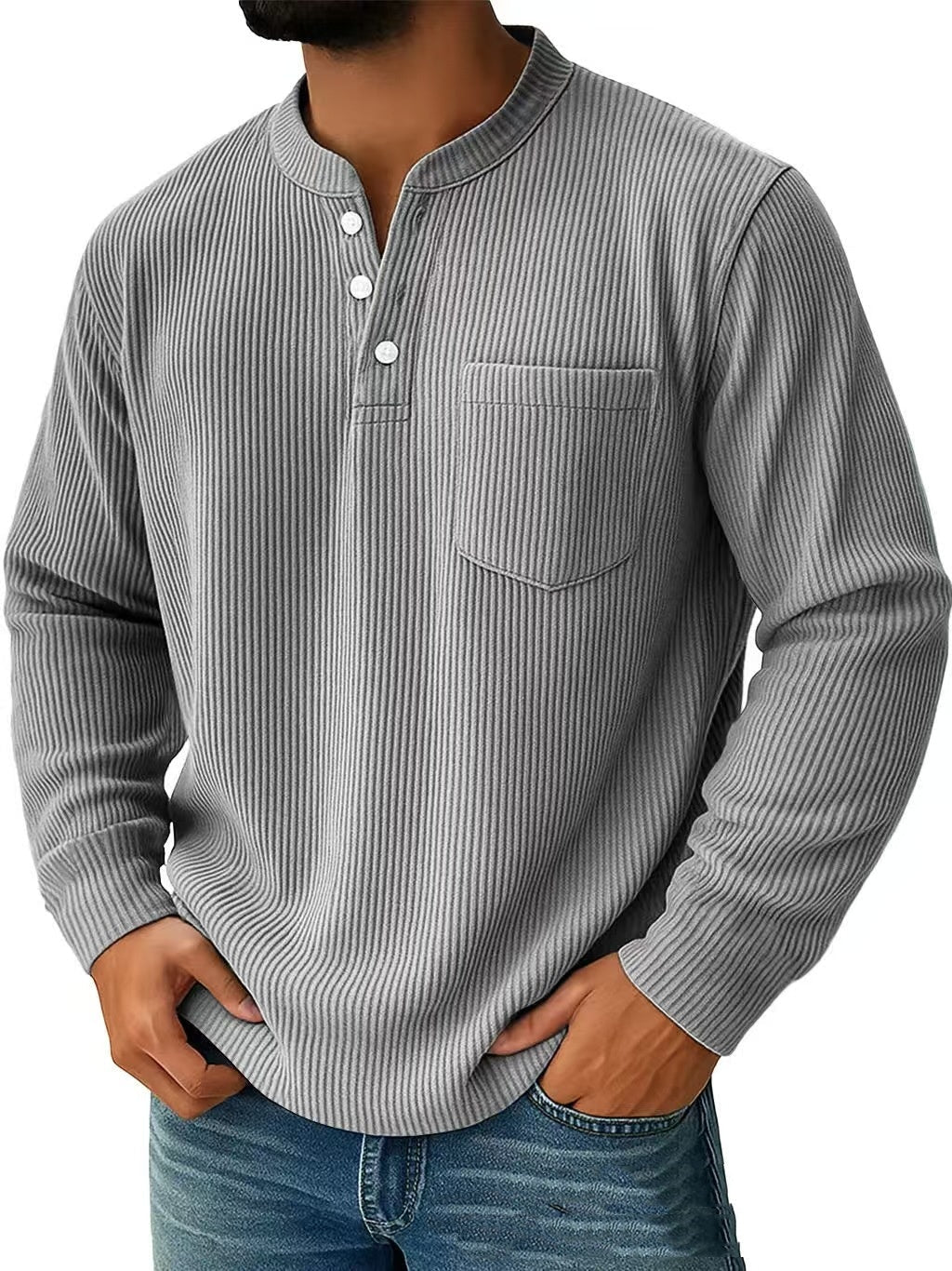 Herren Langarm Henley Shirt mit Drei Knopf Kragen – Strukturierte Oberfläche Normale Passform