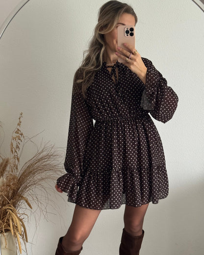 Women's summer dress with polka dots, brown, elastic waist and long sleeves – light style