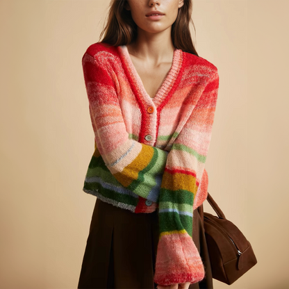 Frau trägt bunten Strickcardigan mit Regenbogenstreifen, brauner Rock, hält braune Tasche. Modetrend Herbst, stilvolle Damenbekleidung.
