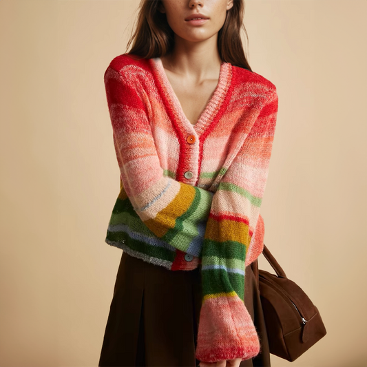 Frau trägt bunten Strickcardigan mit Regenbogenstreifen, brauner Rock, hält braune Tasche. Modetrend Herbst, stilvolle Damenbekleidung.