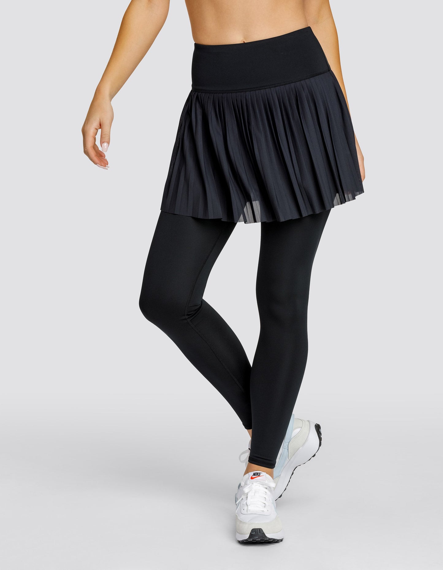 Women's skirted leggings with high waist and micro-pleated mesh overskirt