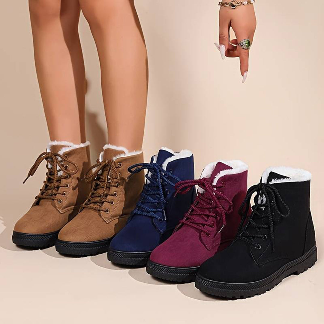 Damen-Winterstiefel in Braun, Blau, Rot und Schwarz mit Schnürung und Fellfutter, modische warme Schuhe, ideal für kalte Jahreszeiten.