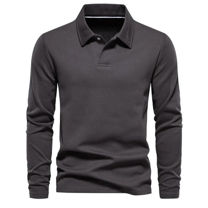 Dunkelgraues Langarm-Poloshirt für Herren, klassischer Kragen, elegantes Design, ideal für Freizeit und Büro, hochwertige Baumwollmischung.