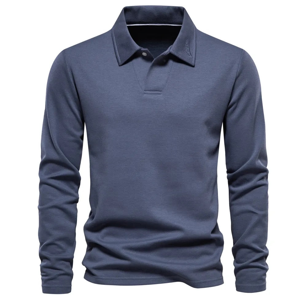 Blaues Langarm-Poloshirt für Herren, klassischer Kragen, elegantes Design, ideal für Freizeit und Büro, hochwertige Baumwollmischung.
