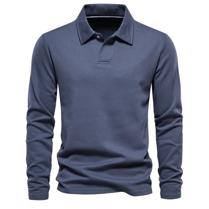Blaues Langarm-Poloshirt für Herren, klassischer Kragen, elegantes Design, ideal für Freizeit und Büro, hochwertige Baumwollmischung.