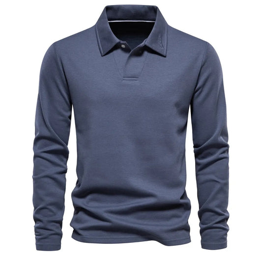 Blaues Langarm-Poloshirt für Herren, klassischer Kragen, elegantes Design, ideal für Freizeit und Büro, hochwertige Baumwollmischung.