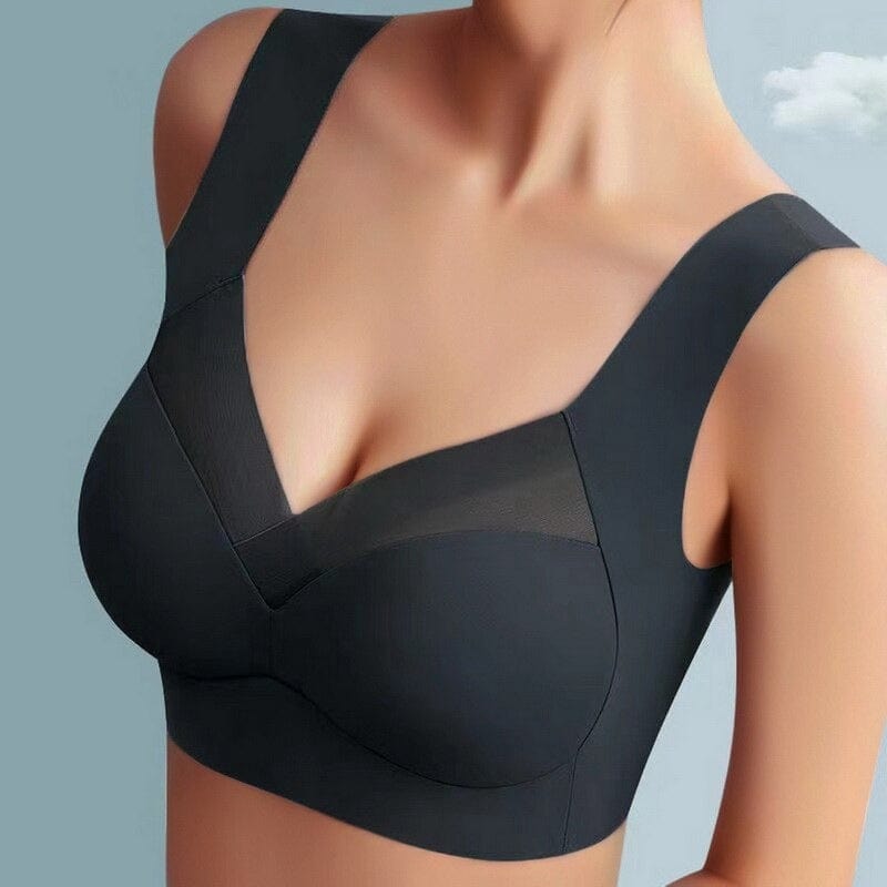 Damen-Sport-BH in Schwarz, nahtloses Design, breite Träger, V-Ausschnitt, bequem und stützend, ideal für Fitness und Alltag.