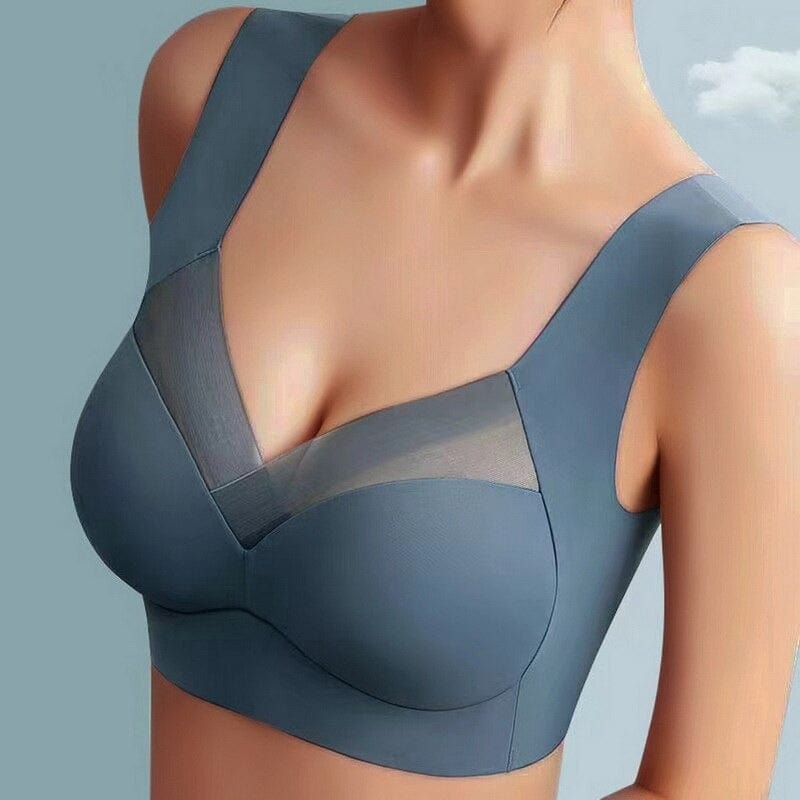 Grauer nahtloser BH mit V-Ausschnitt und transparentem Mesh-Einsatz, bequemes Design, ideal für Damenunterwäsche, modisch und funktional.