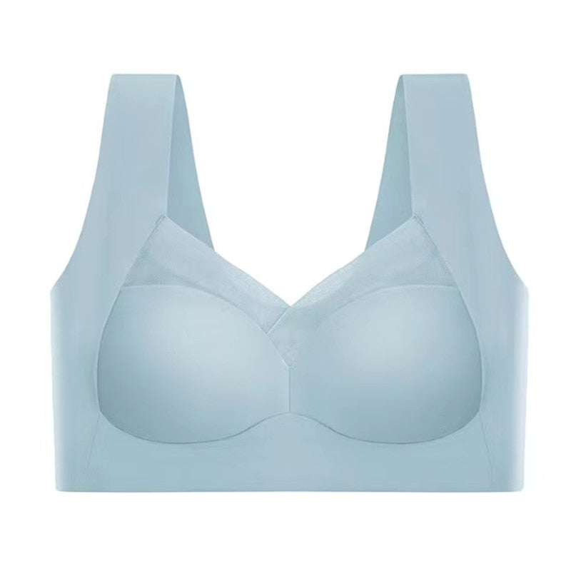 Damen Sport-BH in Hellblau, nahtloses Design, breite Träger, ideal für Fitness und Yoga. Bequemer, atmungsaktiver Stoff für optimalen Halt.