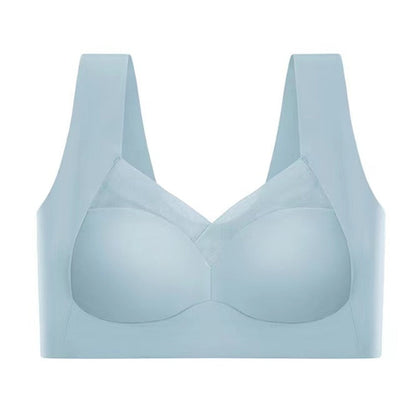 Damen Sport-BH in Hellblau, nahtloses Design, breite Träger, ideal für Fitness und Yoga. Bequemer, atmungsaktiver Stoff für optimalen Halt.